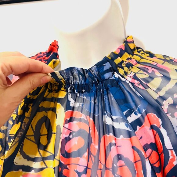 Bijelly Couture Long Maxi Dress-Large-Sheer-Ruffles-High Neck-Geometric-Colorful - Picture 8 of 15